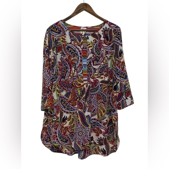 fig and flower Tops - Fig and Flower Boho Flowy 3/4 Sleeve Tunic Top Paisley/Stripe Pattern size 2x
